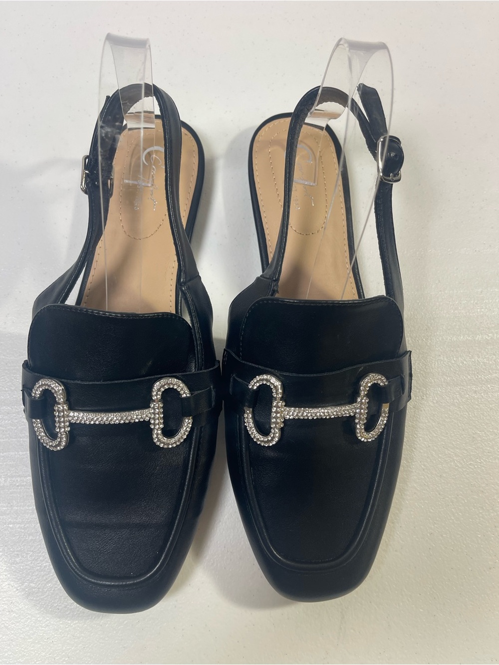 Black Rhinestone-Embellished Slingback Loafers for Women